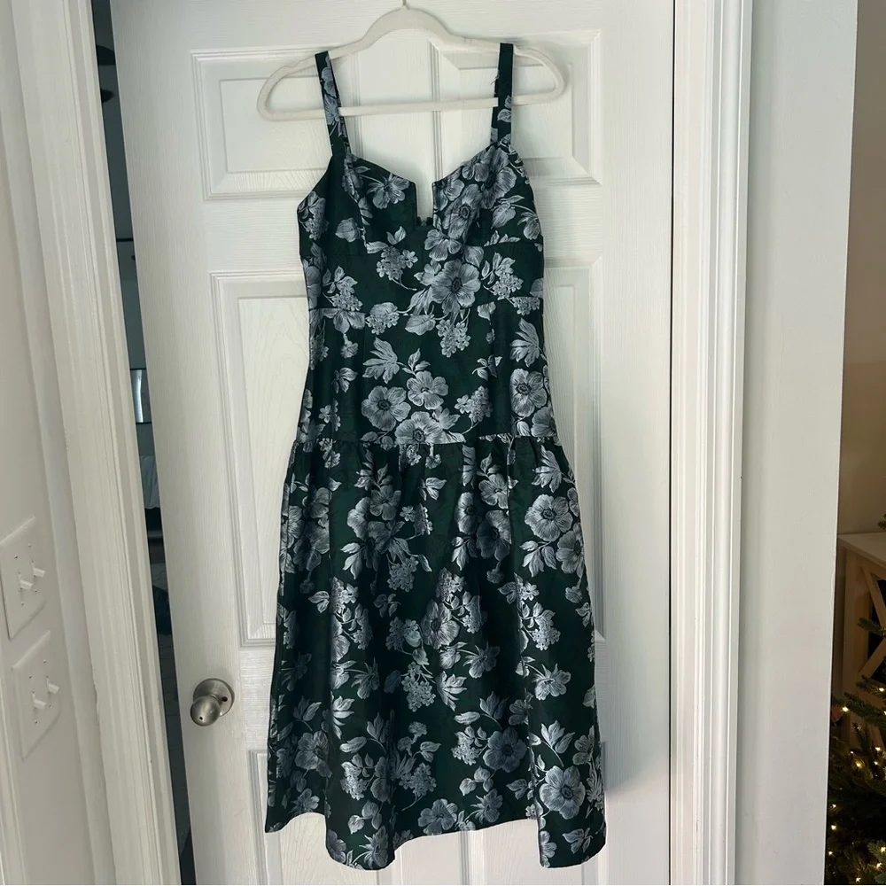 Lulu’s Major Flirtation Emerald Floral Jacquard Drop Waist Midi Dress - Picture 5 of 7